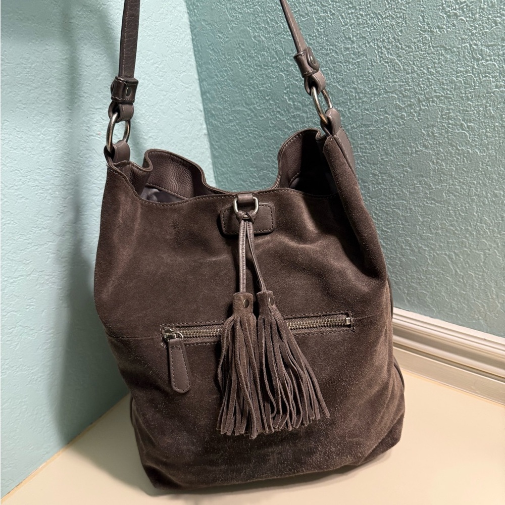 Frye Suede Leather Gray Shoulder Bag with Tassel Super Soft Leather Big Hobo Bag